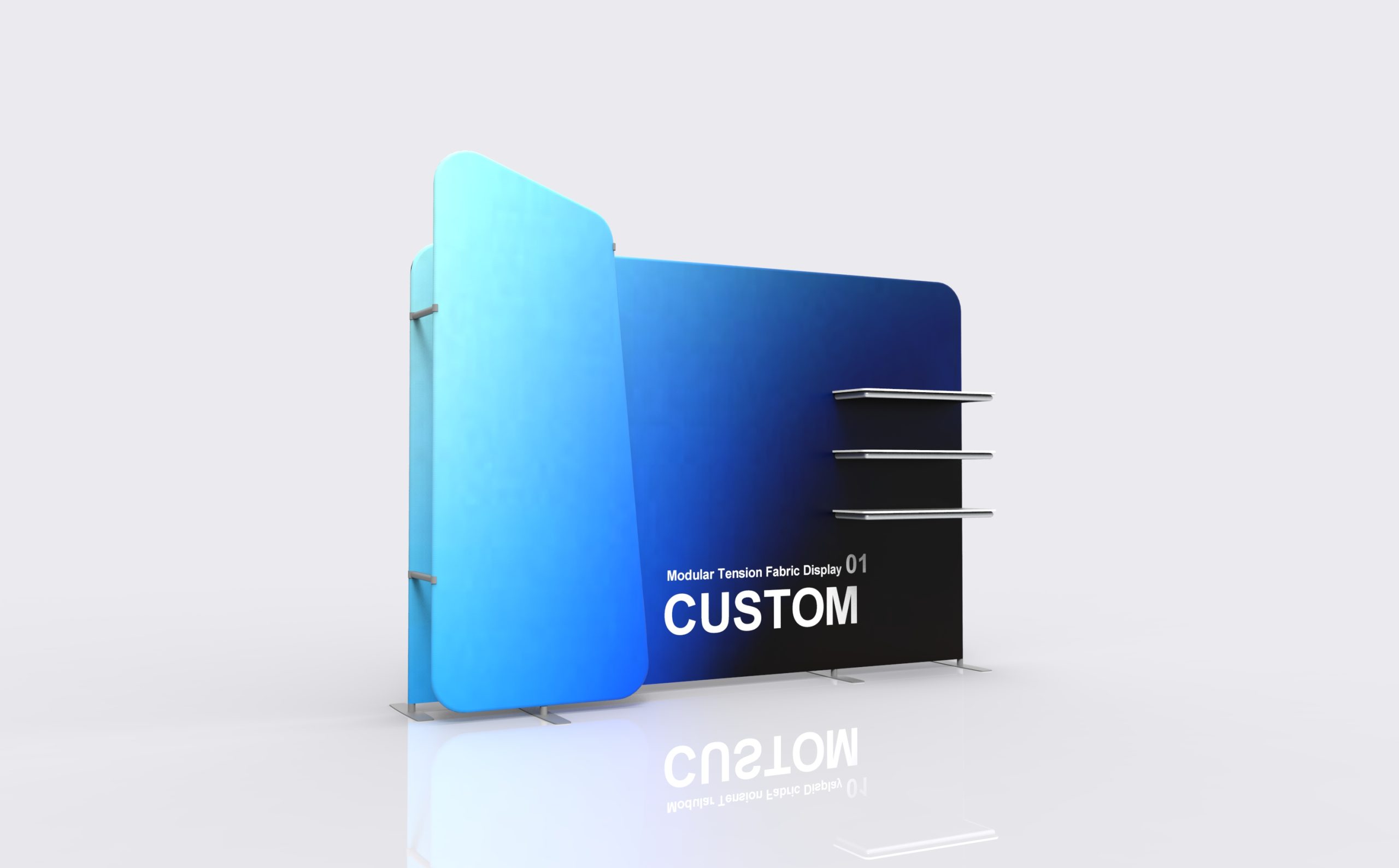 Modular tension fabric product display complete view with frame, graphics and accessories