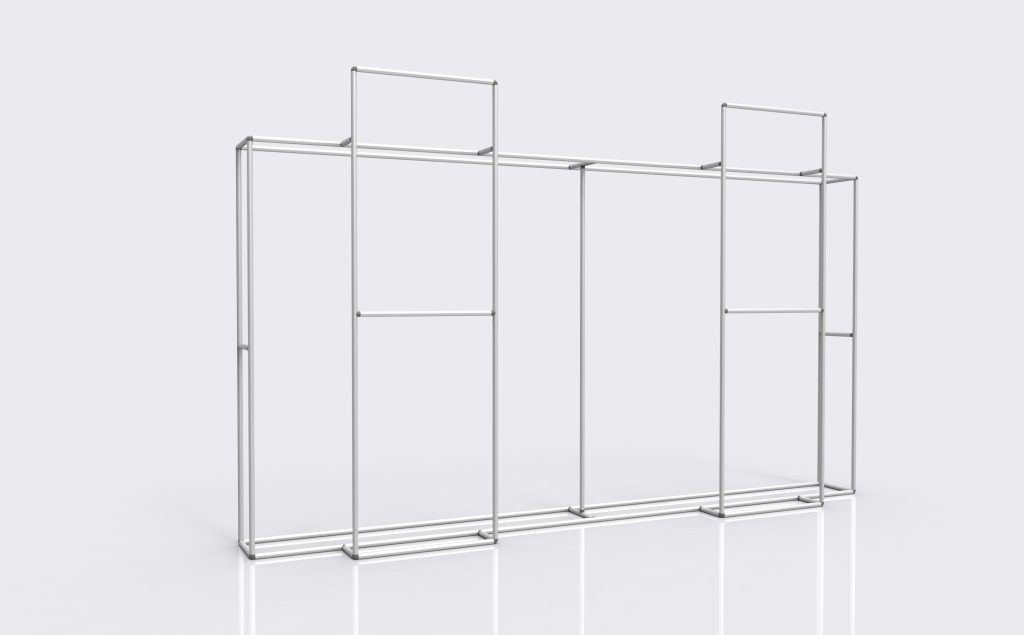 Modular tension fabric display 05 built from connected labeled frame modules