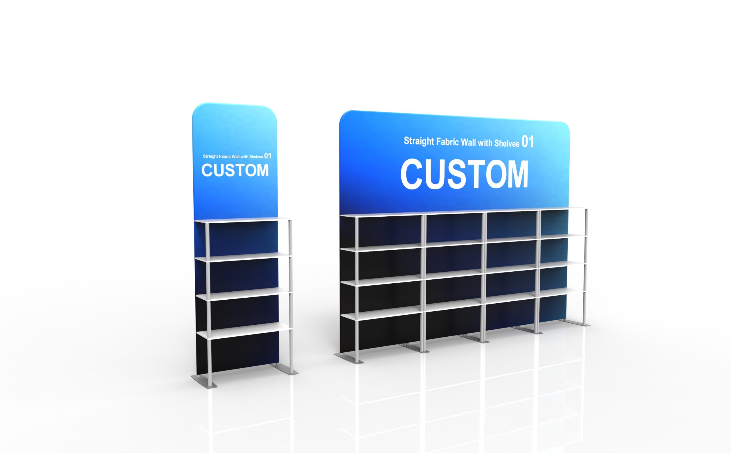 Fabric display wall with shelves showing aluminum frame construction and printed graphic fit