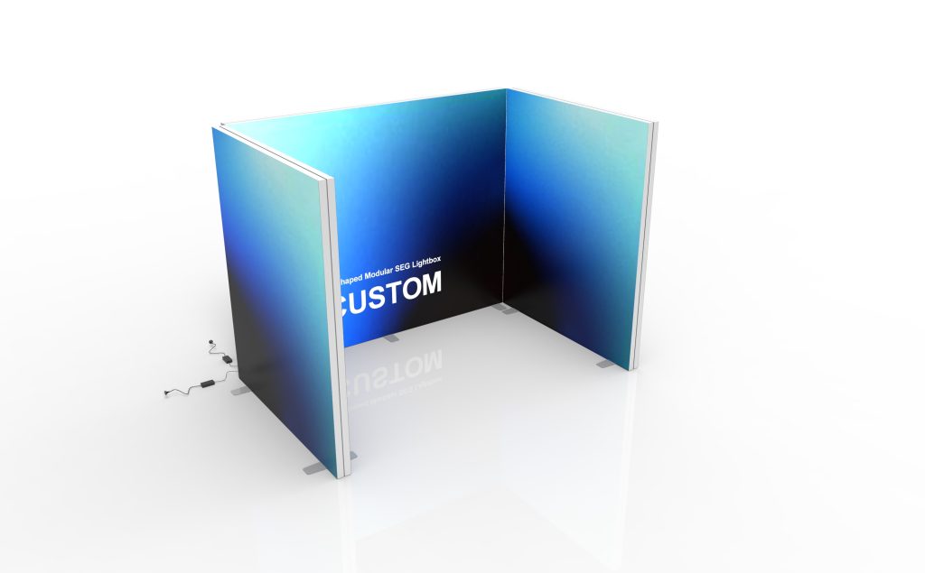 U-shaped modular SEG lightbox display enclosing a product demonstration area