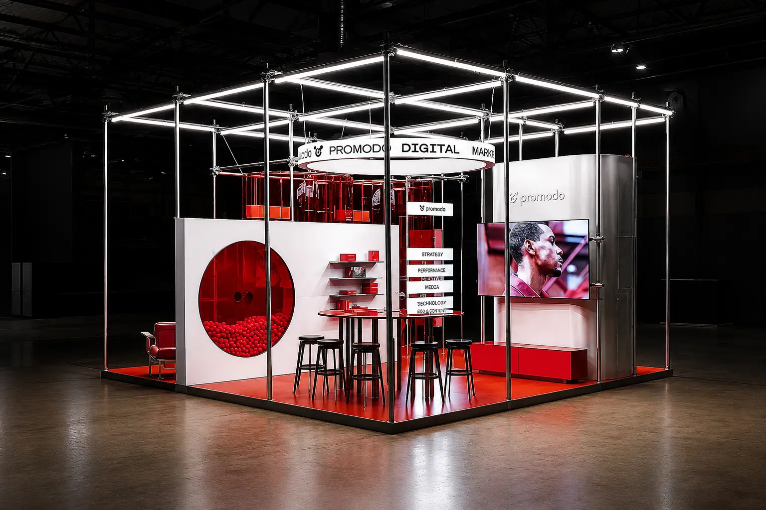 Milin Displays factory floor in Guangzhou where aluminum frames and fabric graphics are produced in-house