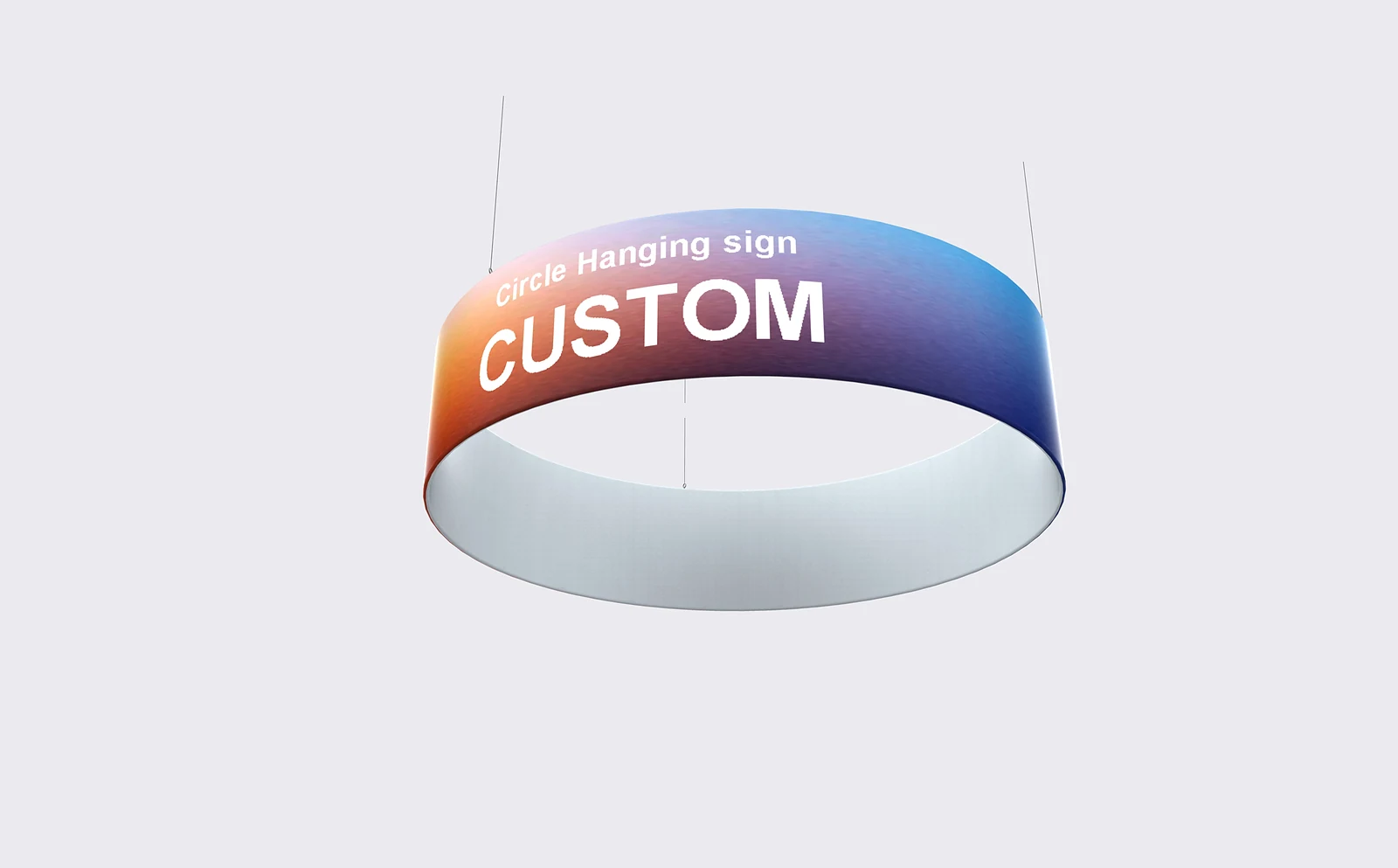 Circle hanging sign with custom-printed stretch fabric graphic suspended above an exhibition booth