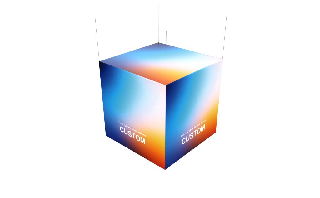 Cubic lightbox hanging banner with four illuminated SEG graphic faces