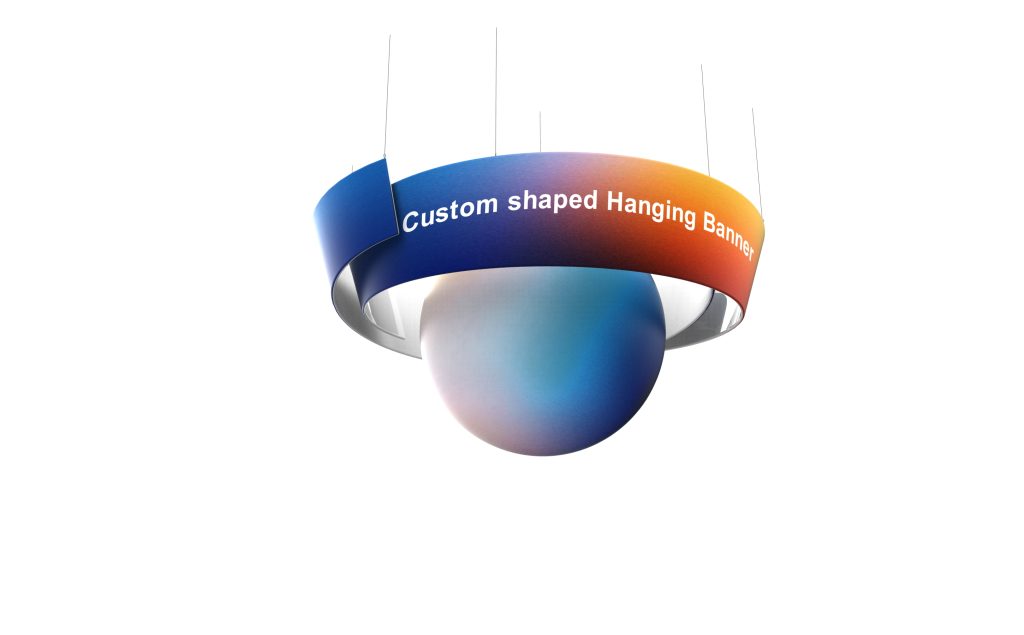 Custom shaped hanging banner with branded stretch fabric over a made-to-order aluminum frame