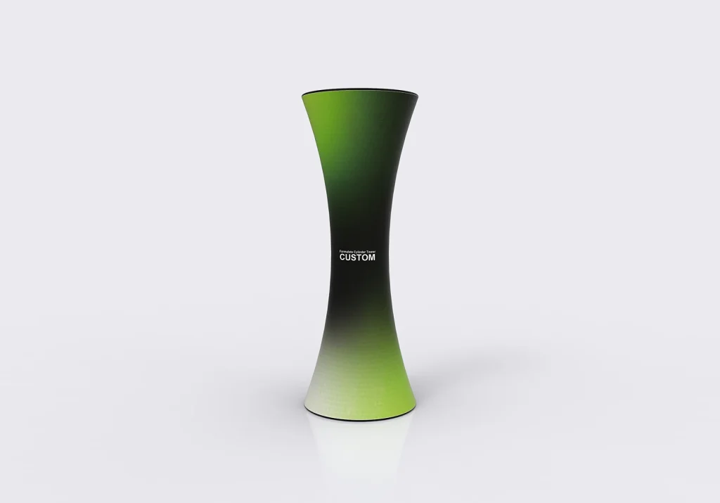Formulate cylinder tower display with printed fabric graphic