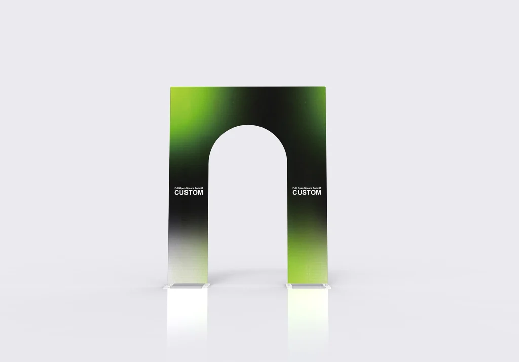 Full open square arch spanning a wide booth entrance