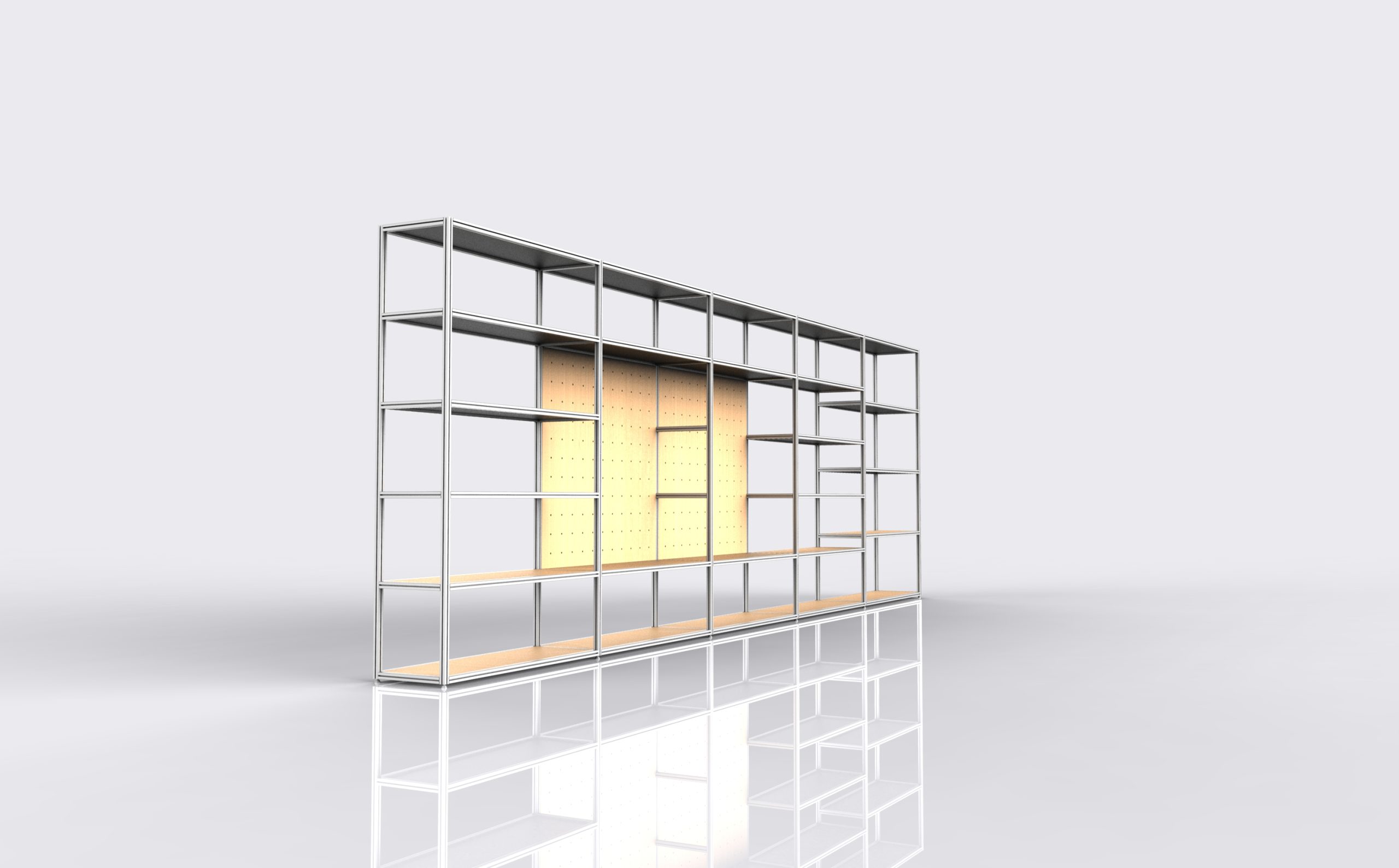 Large Display Rack with wooden shelves frame or inspection view