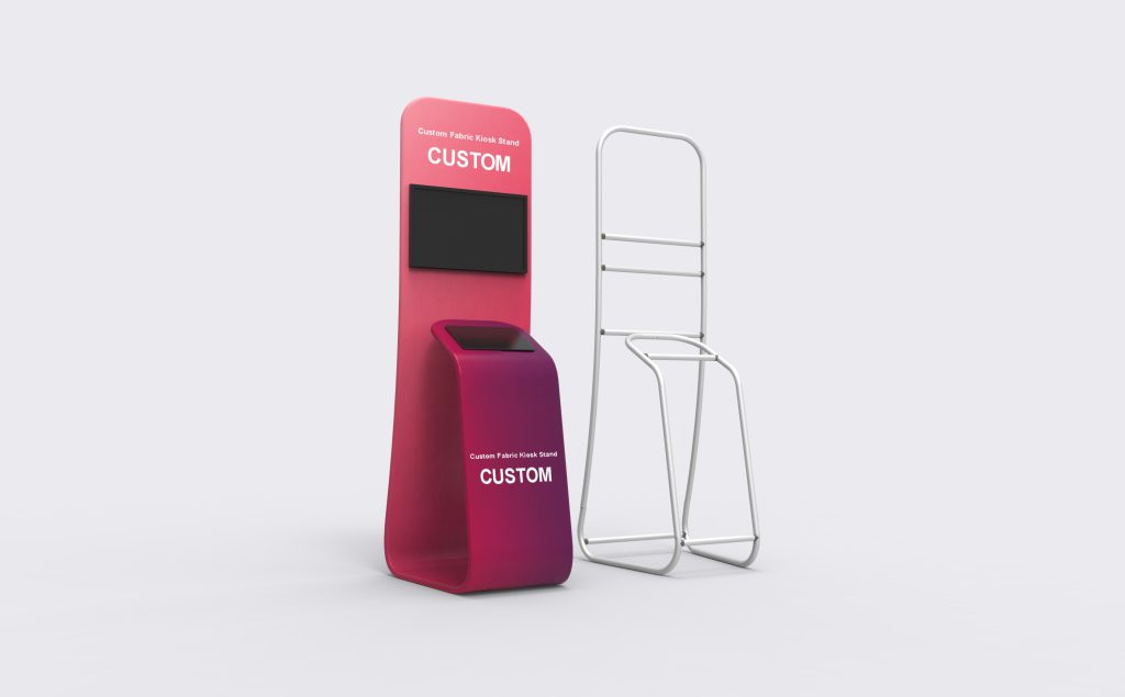 Angled view of the fabric kiosk and tubular frame showing the projecting lower station