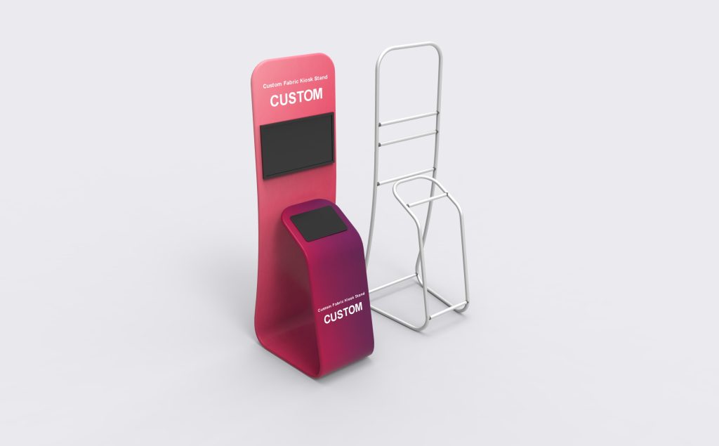 High-angle rendering of the custom fabric kiosk showing screen placement and the sloping lower device area
