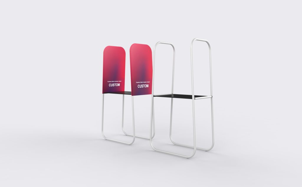 Front angle of the combination banner stand and bare frame showing the horizontal surface between two upright sections