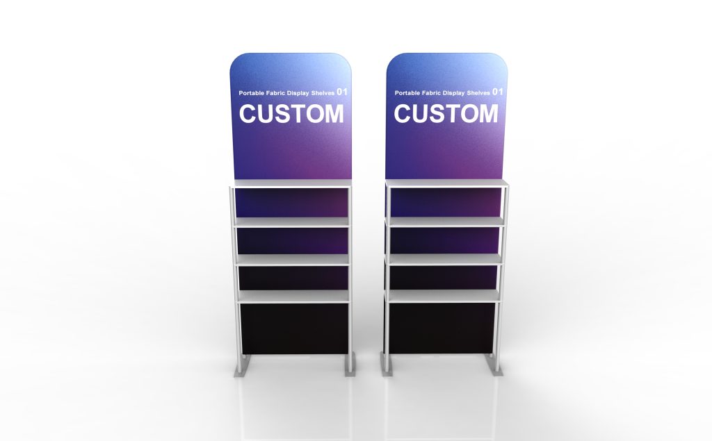 Portable fabric display shelves with full-color printed back panel and three product shelves
