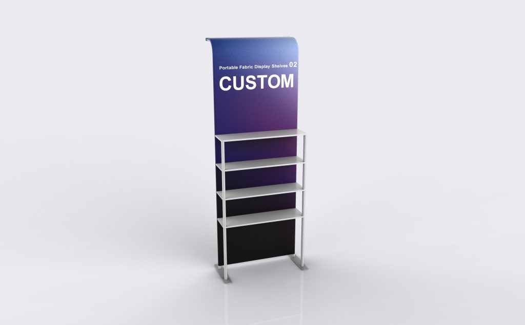 Portable fabric display shelves unit 02 with branded backdrop and staggered shelf levels