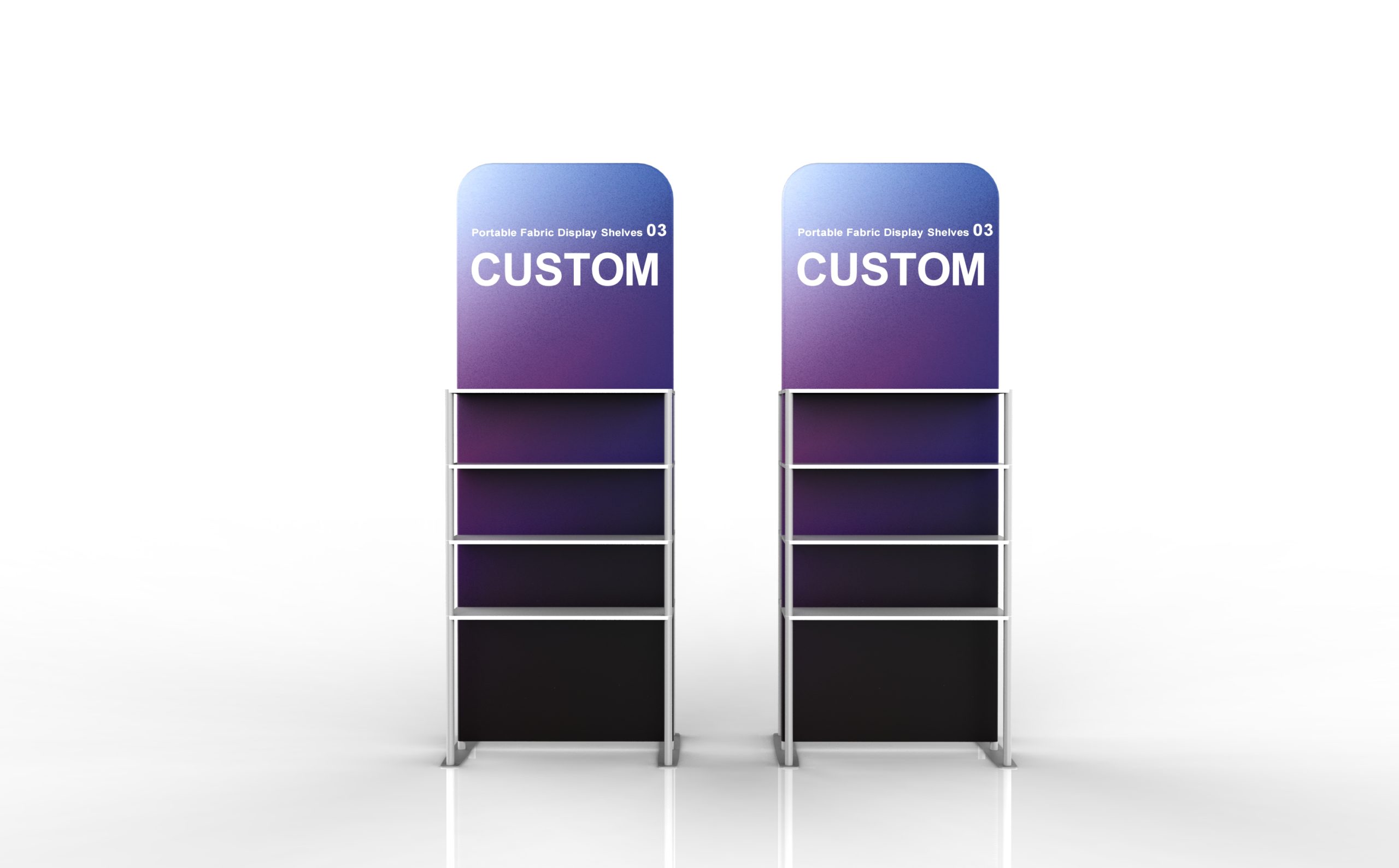 Portable product display shelves fully assembled with custom printed fabric backdrop