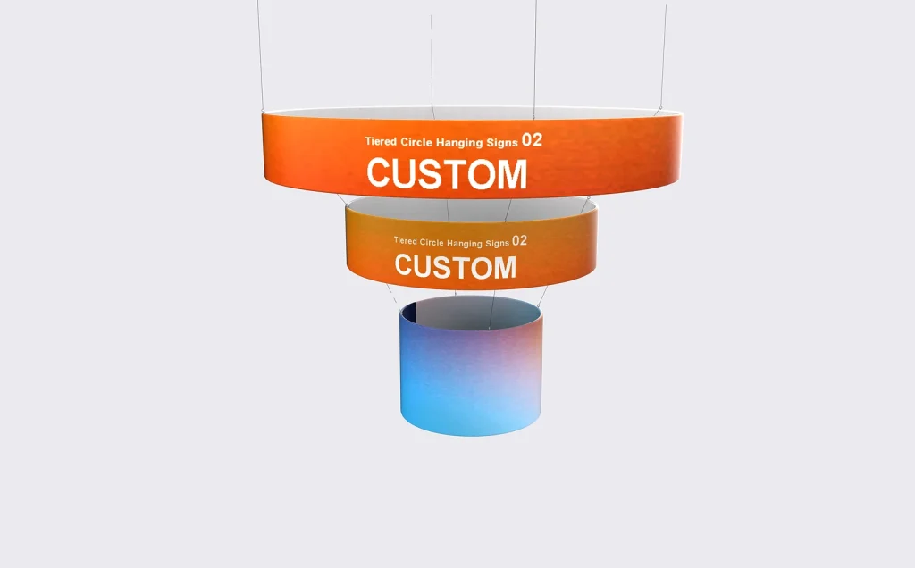 Tiered circle hanging signs, second stacked-ring configuration