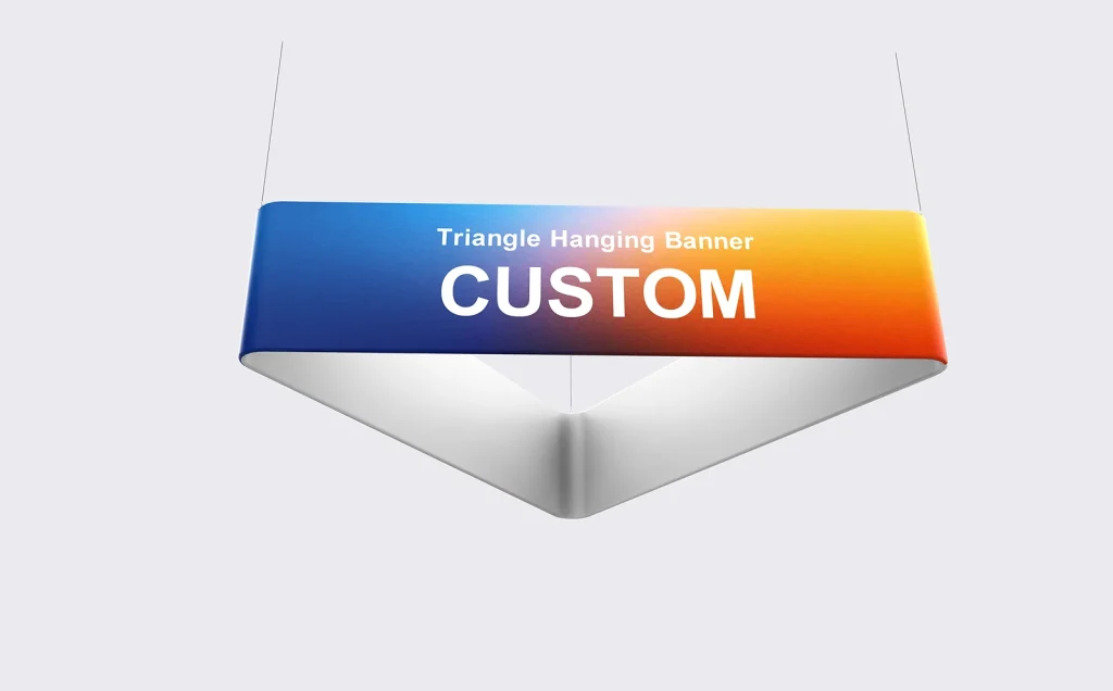 Triangle hanging banner with three printed faces above a trade show stand