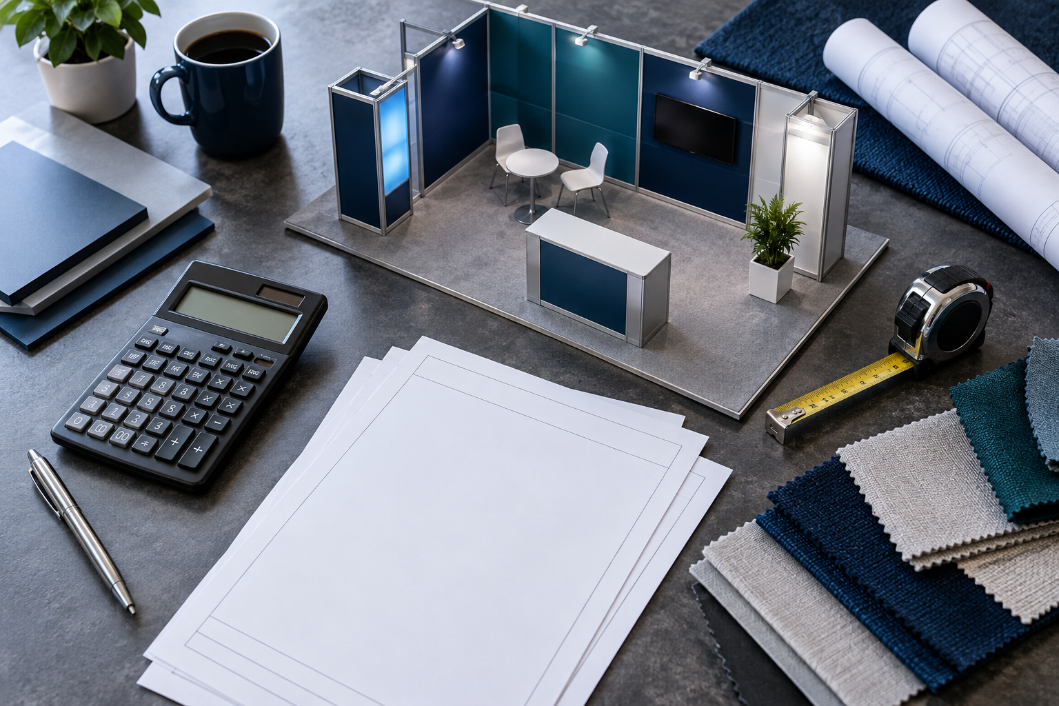 Miniature exhibition booth, calculator, quotation sheets, measuring tape and fabric samples arranged on a planning desk