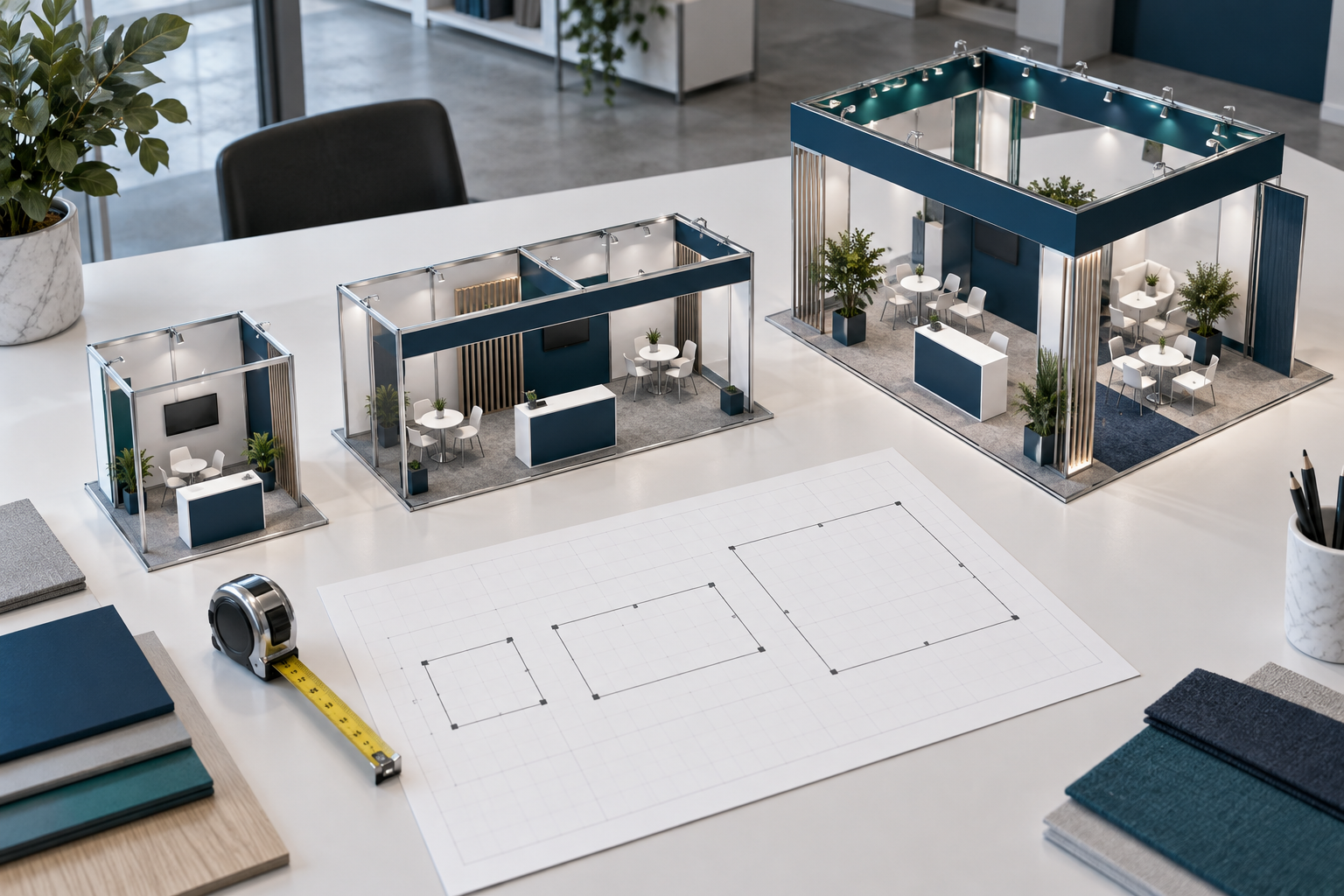 Three scale booth models comparing small square, wide rectangular and large island layouts beside a floor plan