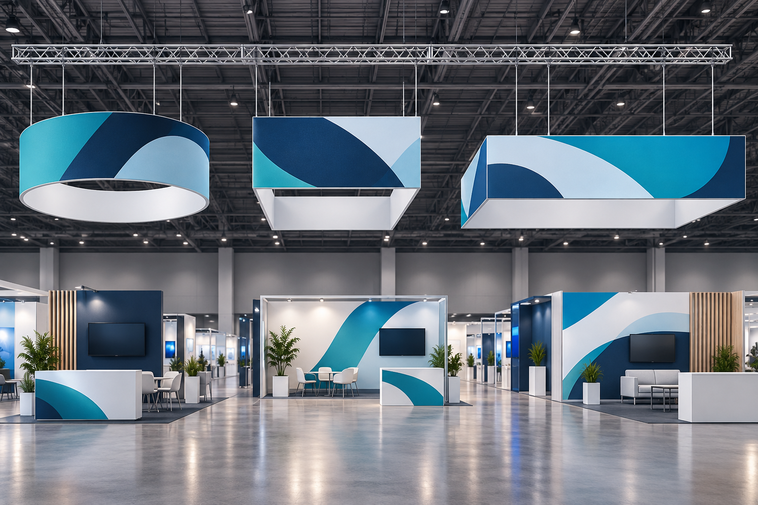 Circular, square and rectangular fabric hanging signs suspended above exhibition booths
