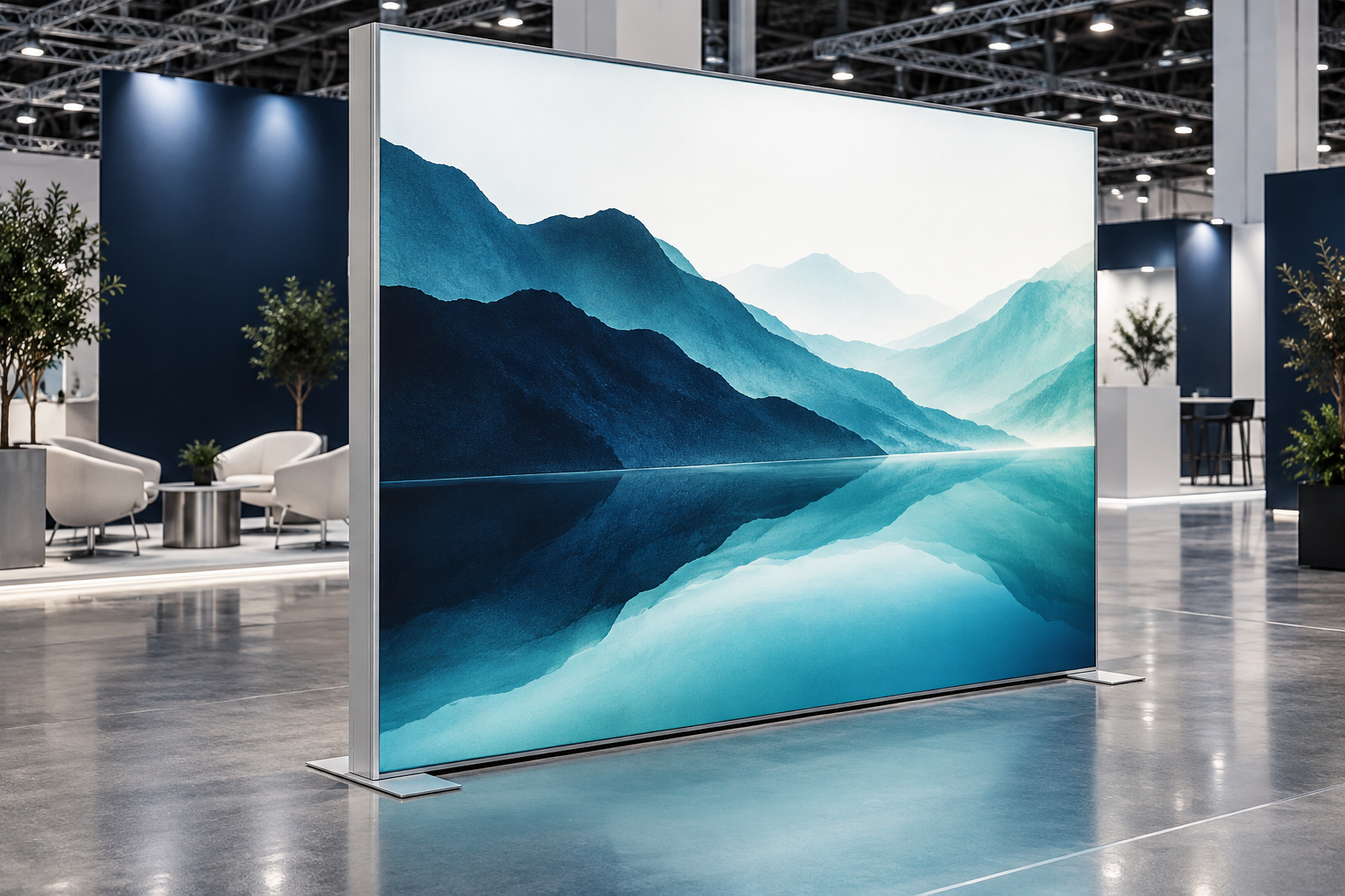 Freestanding LED fabric lightbox with a silver aluminum frame and evenly illuminated blue mountain and lake graphic