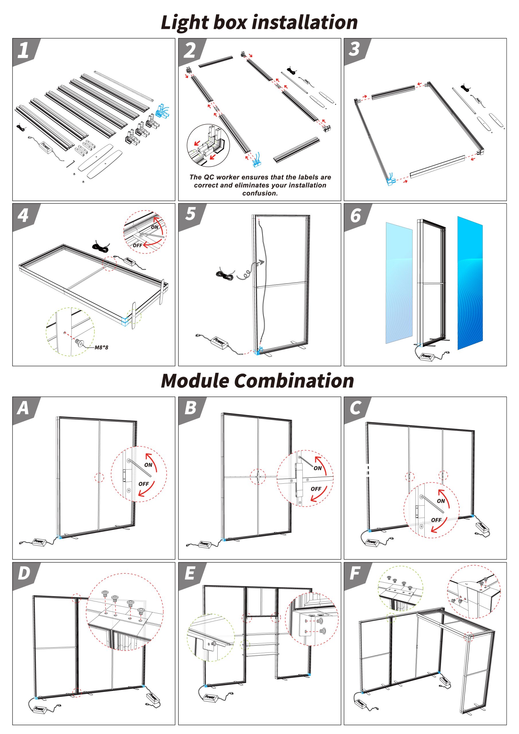 Milin modular SEG lightbox assembly diagram showing frame connections, support feet and the L-shaped corner joint in panel F