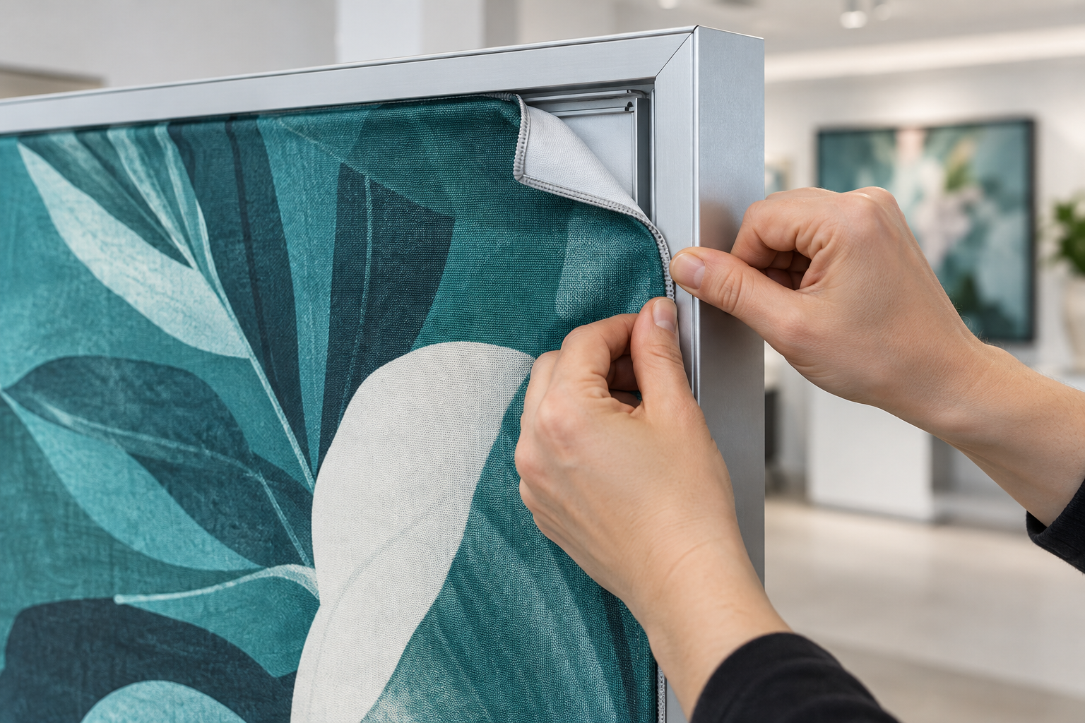 Hands pressing the silicone edge of a teal fabric graphic into the groove of an aluminum SEG frame