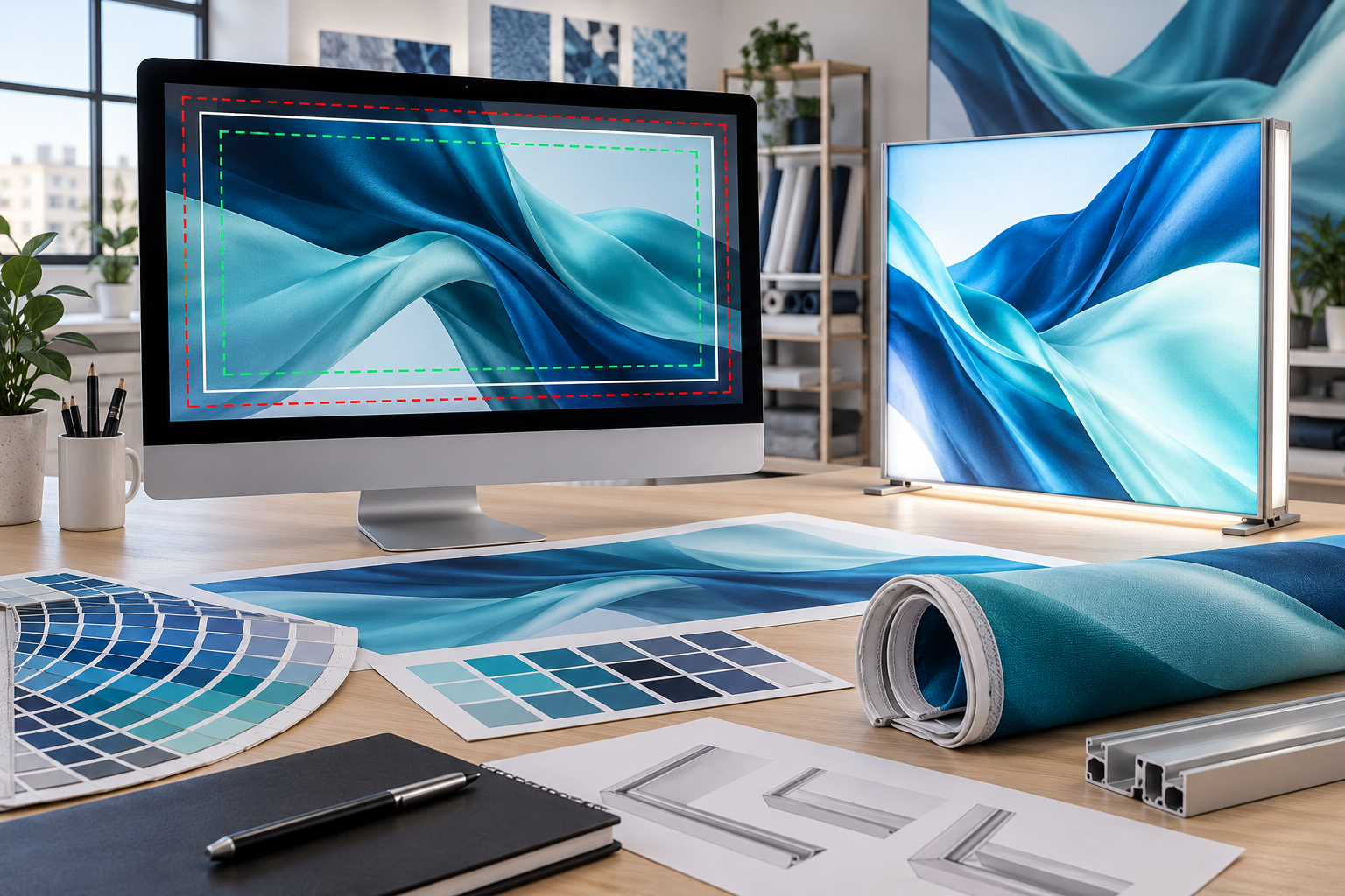 SEG artwork workstation with bleed and safe-area guides, fabric samples and an illuminated frame