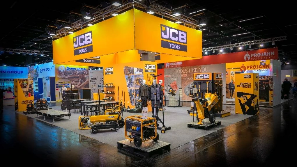 JCB Tools stand showing storage units and machinery