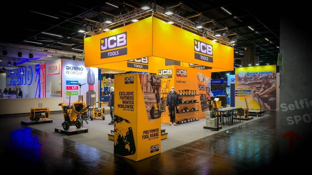 JCB Tools exhibit close-up of power tools and booth
