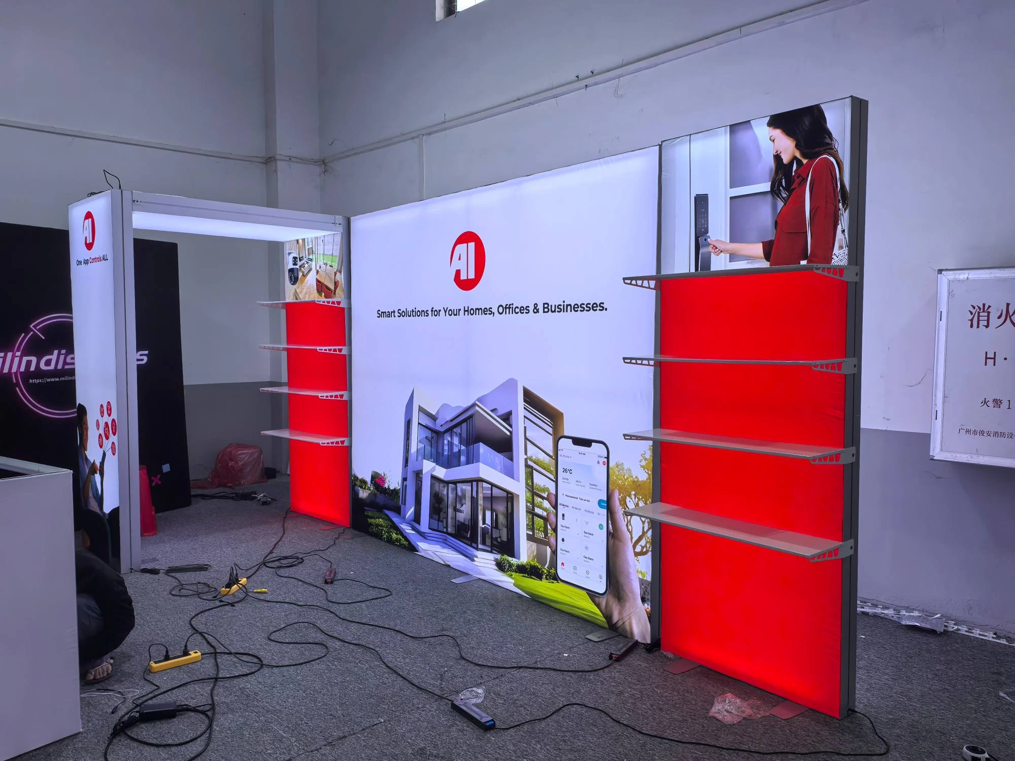 Side view of AI smart home exhibition booth during setup
