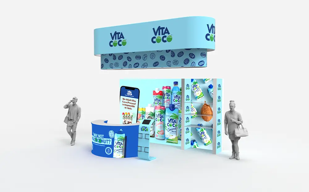 Custom product launch display with illuminated graphics, product shelves, reception counter, kiosk and hanging banner