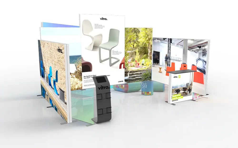Modular experience center display with illuminated walls, product presentation areas and reception counter